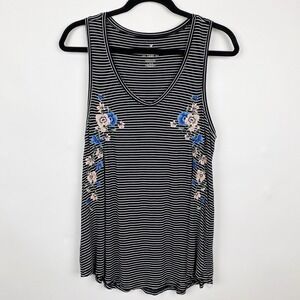 American Eagle Soft & Sexy Black Stripe Floral Embroidered Tank Top Womens L Y2K
